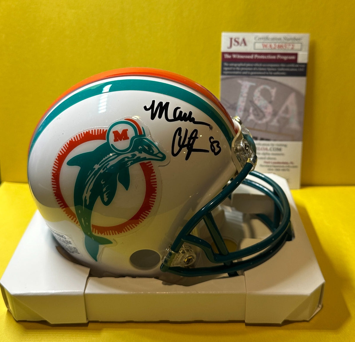 MARK CLAYTON MIAMI DOLPHINS SIGNED AUTOGRAPHED WHITE MINI HELMET JSA