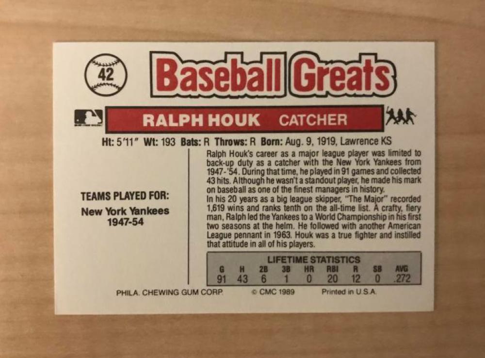 RALPH HOUK NEW YORK YANKEES SIGNED DECEASED 1989 SWELL CARD #42 W/COA