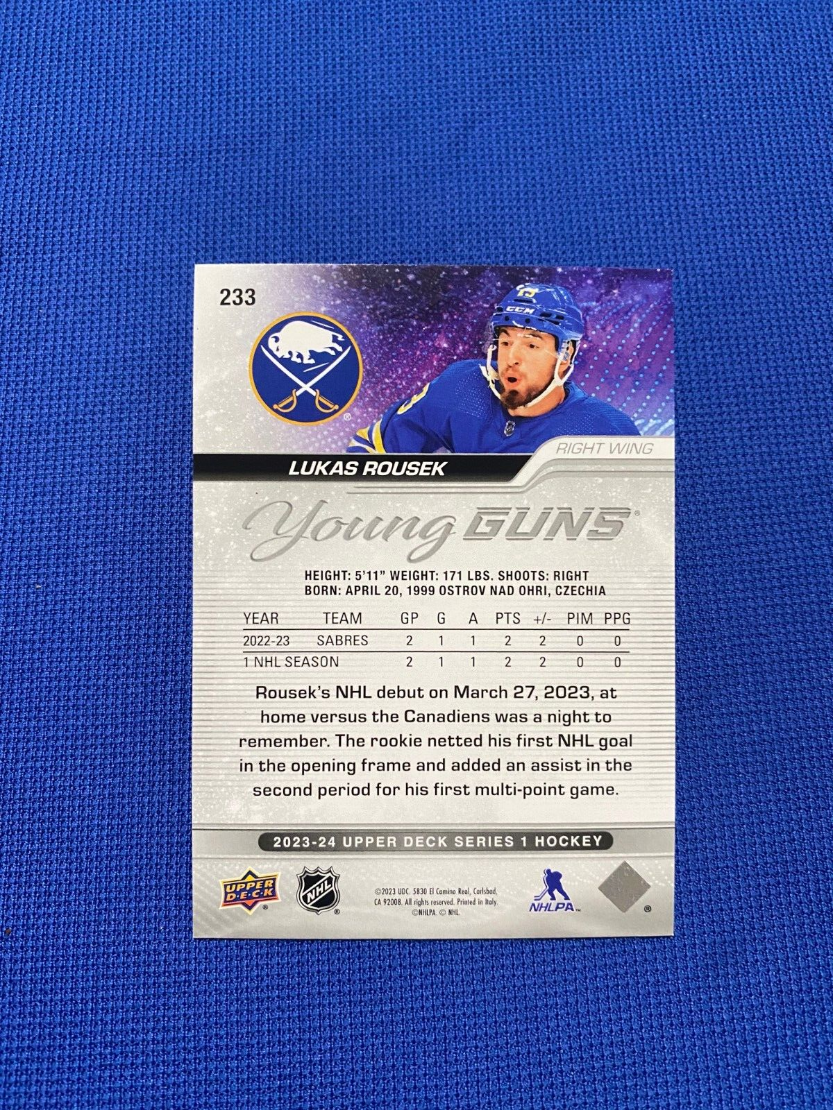 2023-24 UPPER DECK LUKAS ROUSEK BUFFALO SABRES YOUNG GUNS ROOKIE #233 SERIES 1