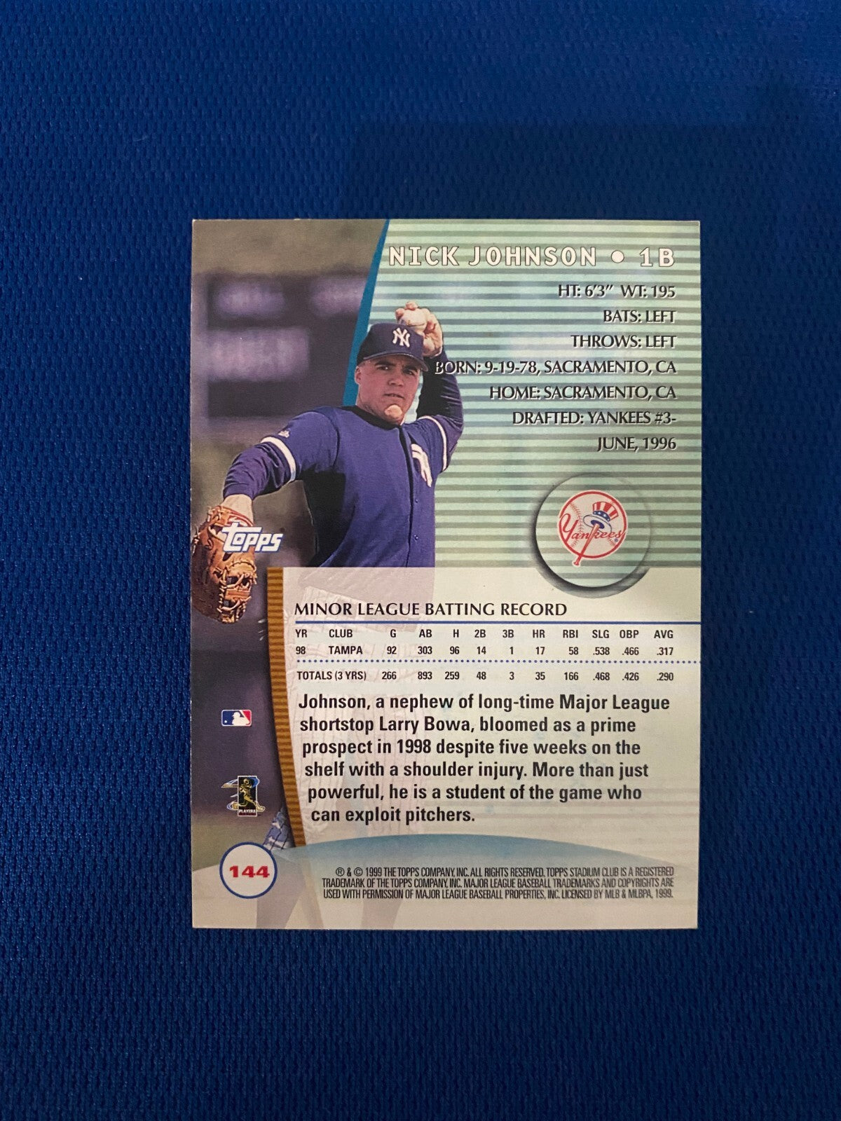 1999 STADIUM CLUB NICK JOHNSON YANKEES RC AUTOGRAPHED SIGNED CARD #144 W/COA