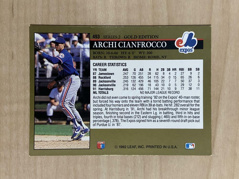 ARCHI CIANFROCCO MONTREAL EXPOS SIGNED AUTOGRAPHED 1992 LEAF CARD #493 W/COA