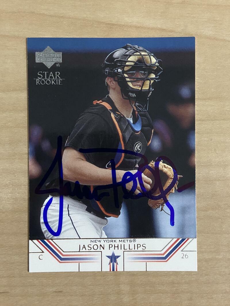 JASON PHILLIPS NEW YORK METS SIGNED AUTOGRAPHED 2002 UPPER DECK CARD #34 W/COA