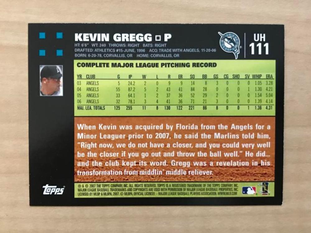 KEVIN GREG FLORIDA MARLINS SIGNED AUTOGRAPHED 2007 TOPPS CARD #111 W/COA