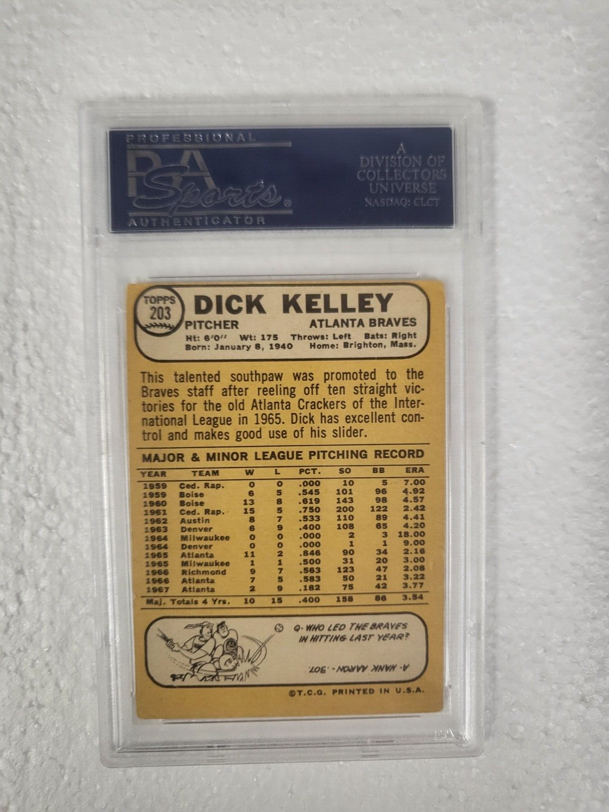 1968 TOPPS DICK KELLEY ATLANTA BRAVES SIGNED AUTOGRAPHED #203 CARD PSA