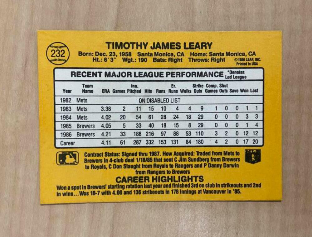 TIM LEARY MILWAUKEE BREWERS SIGNED AUTOGRAPHED 1987 DONRUSS CARD #232 W/COA