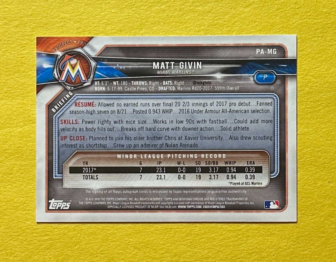 2018 BOWMAN MATT GIVIN PURPLE PAPER AUTO /250 #PA-MG 1ST BOWMAN MARLINS