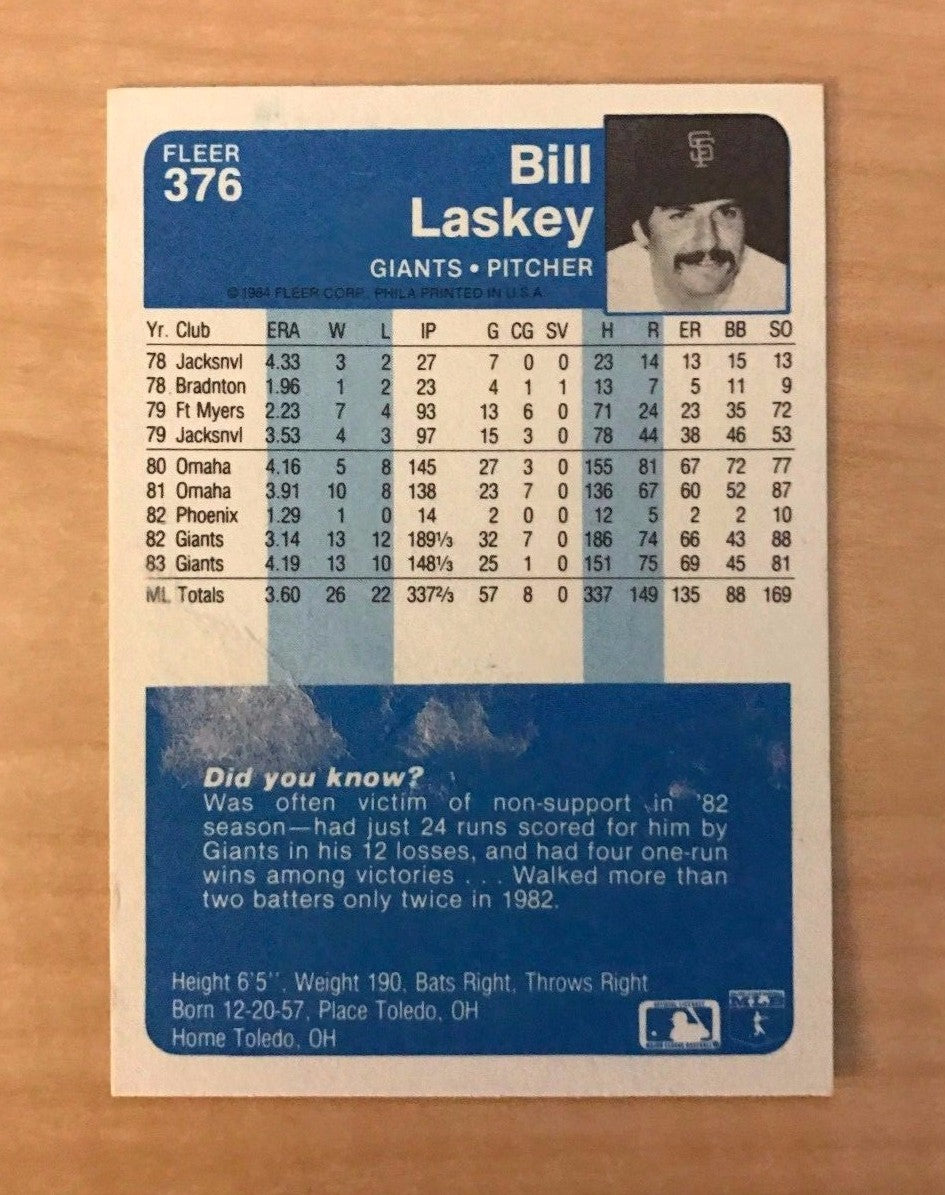 BILL LASKEY SAN FRANCISCO GIANTS SIGNED AUTOGRAPHED 1984 FLEER CARD #376 W/COA