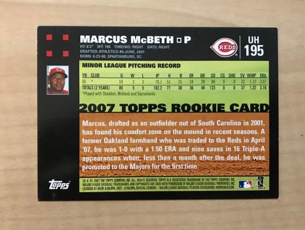 MARCUS MCBETH CINCINNATI REDS SIGNED AUTOGRAPHED 2007 TOPPS CARD #195 W/COA 