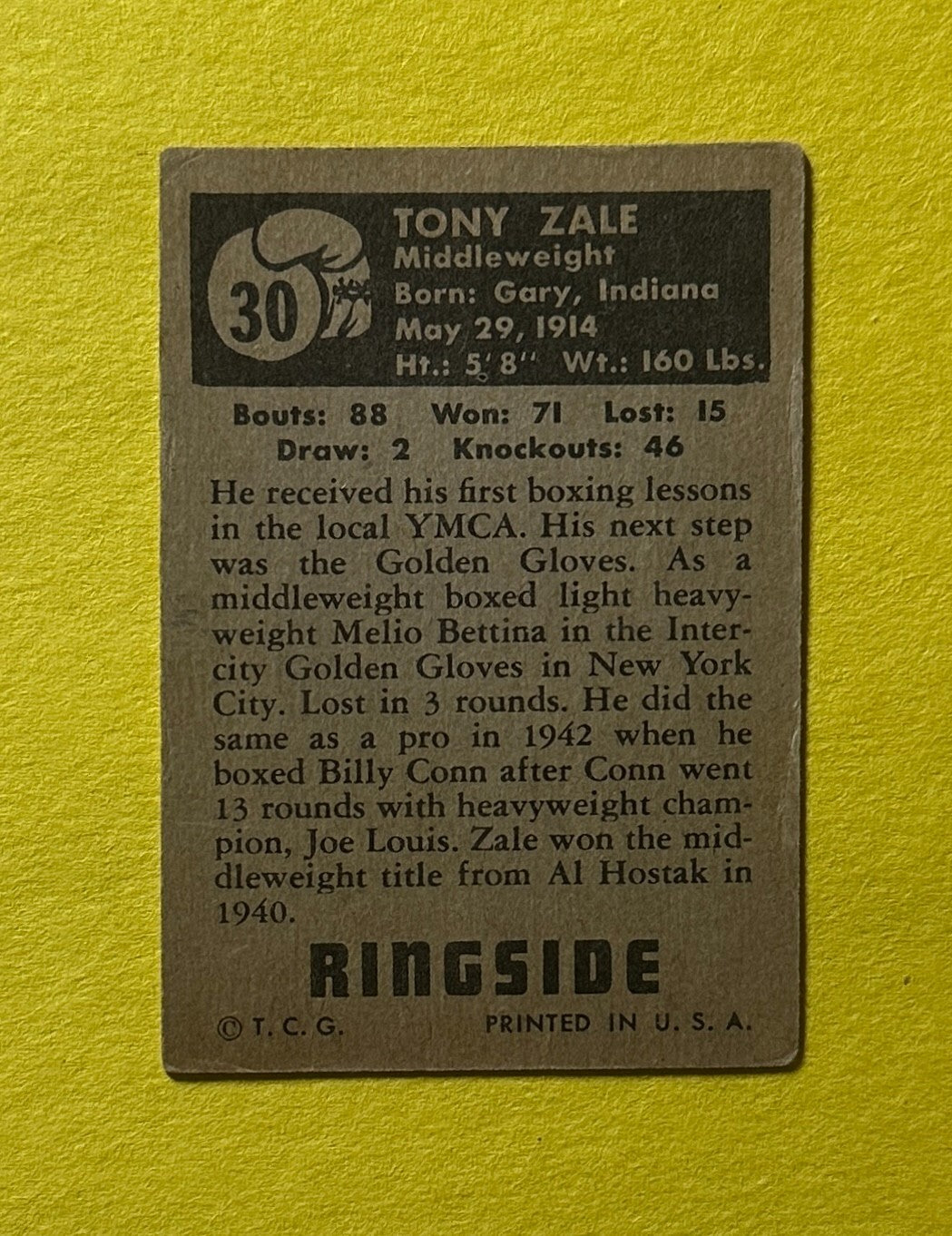 1951 TOPPS RINGSIDE TONY ZALE #30