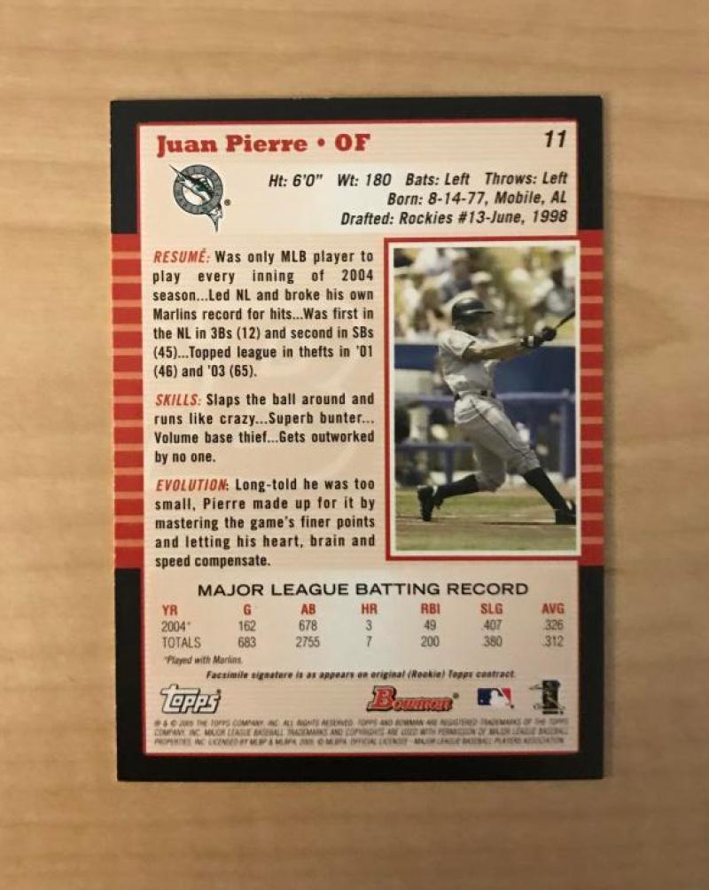 JUAN PIERRE FLORIDA MARLINS SIGNED AUTOGRAPHED 2005 BOWMAN CARD #11 W/COA