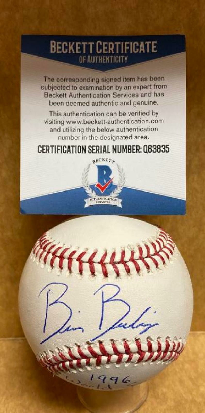 BRIAN BOEHRINGER NEW YORK YANKEES 96 W.S. SIGNED M.L. BASEBALL BECKETT Q63835