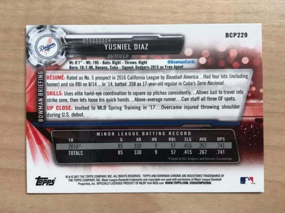 YUSNIEL DIAZ LOS ANGELES DODGERS AUTOGRAPHED 2017 BOWMAN CARD #BCP229 W/COA 