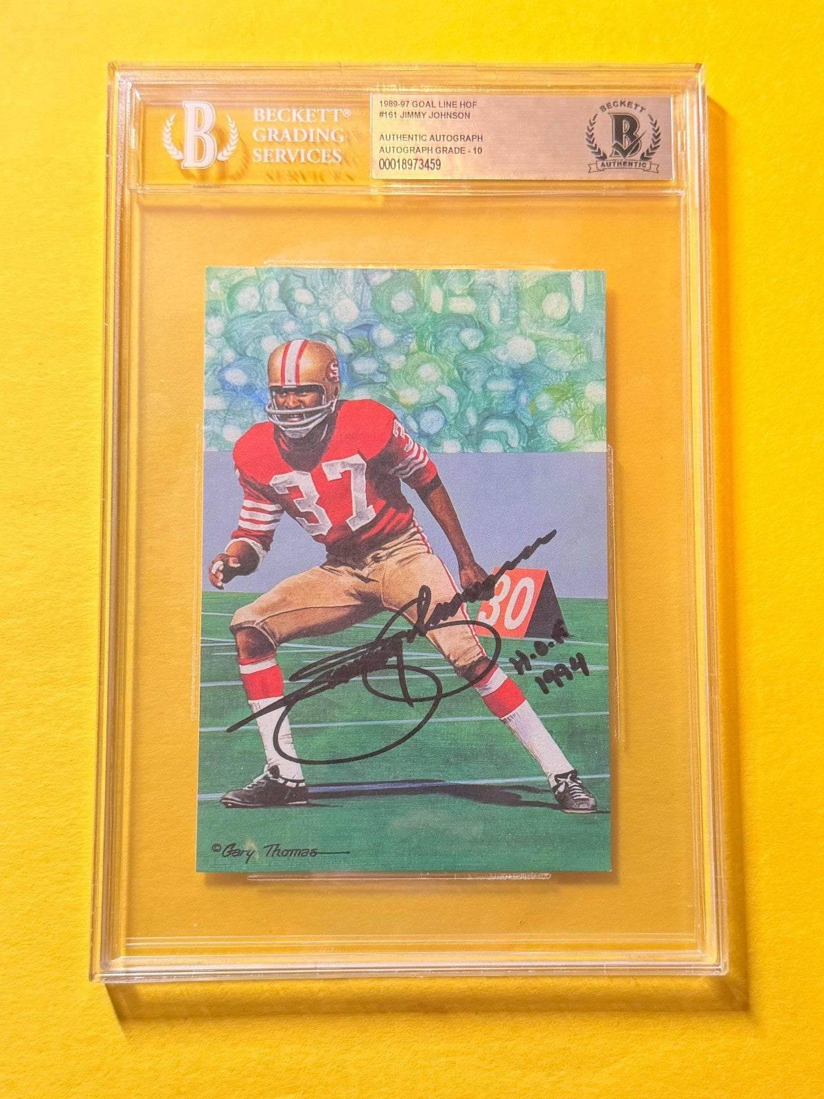 1989 GOAL LINE HOF JIMMY JOHNSON #161 SIGNED ART BECKETT AUTHENTIC 10 "HOF 94"
