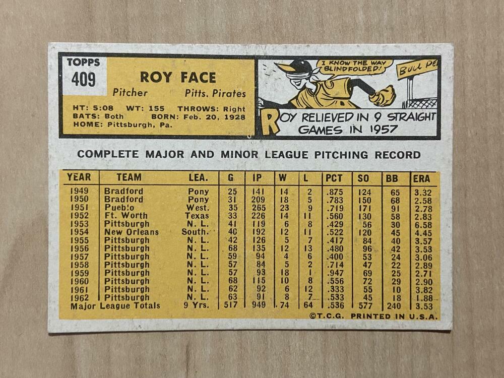 ROY FACE PITTSBURGH PIRATES SIGNED AUTOGRAPHED 1963 TOPPS CARD #409 W/COA
