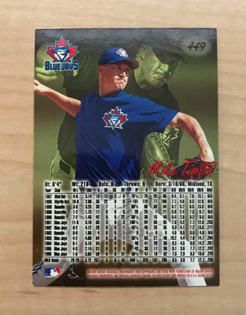 MIKE TIMLIN TORONTO BLUE JAYS SIGNED AUTOGRAPHED 1997 FLEER CARD #449 W/COA