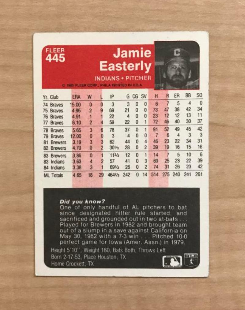 JAMIE EASTERLY CLEVELAND INDIANS SIGNED AUTOGRAPHED 1985 FLEER CARD #445 W/COA 