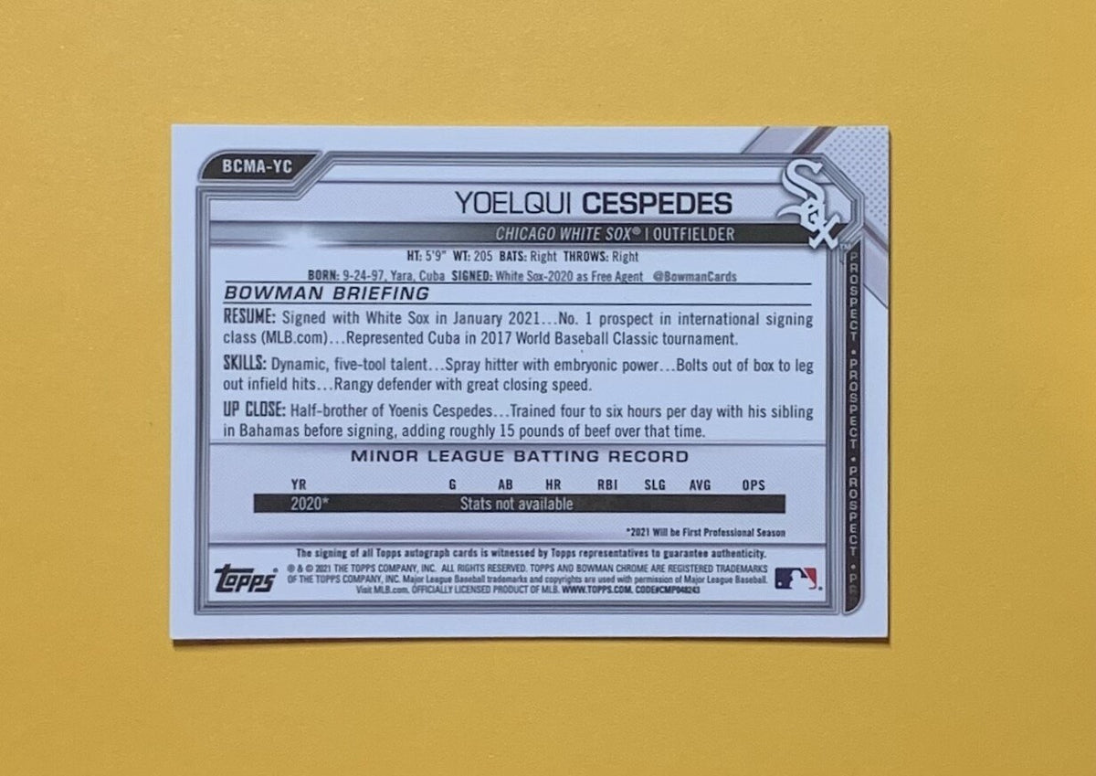 2021 BOWMAN CHROME MEGA BOX YOELQUI CESPEDES GREEN AUTO /99 #BCMA-YC WHITE SOX 