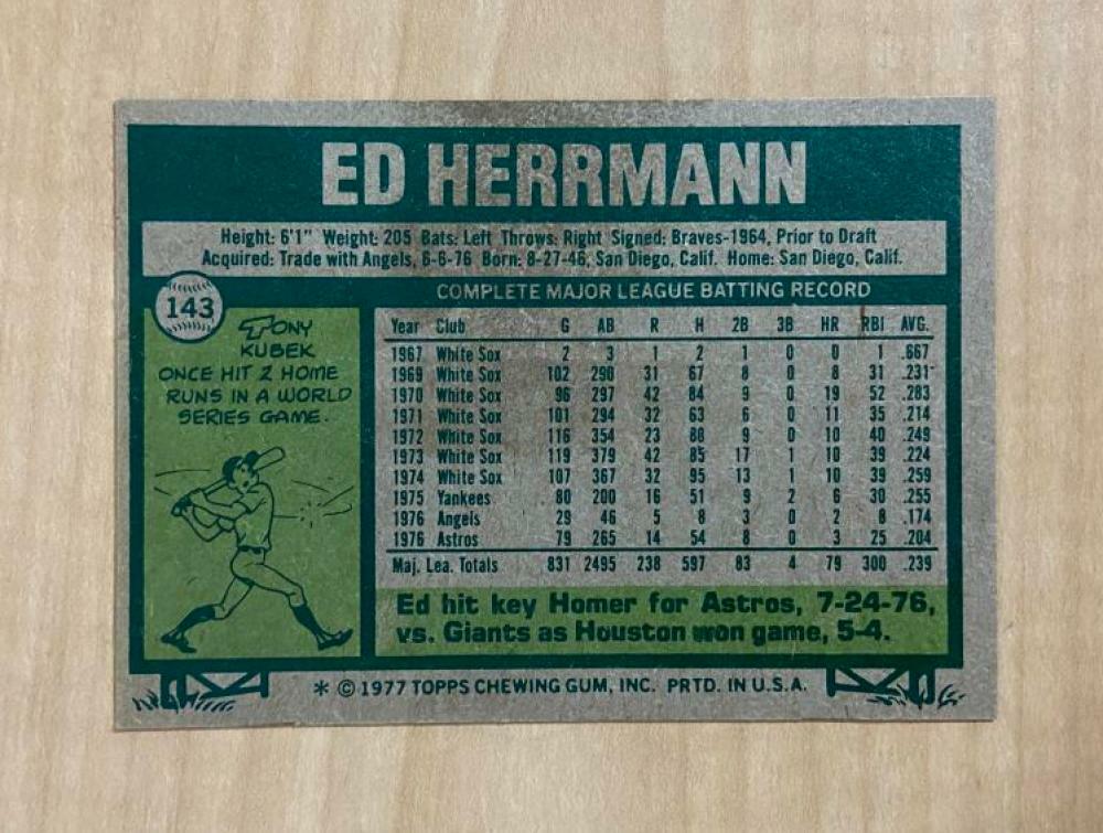 ED HERRMANN HOUSTON ASTROS SIGNED VINTAGE 1977 TOPPS CARD #143 W/COA