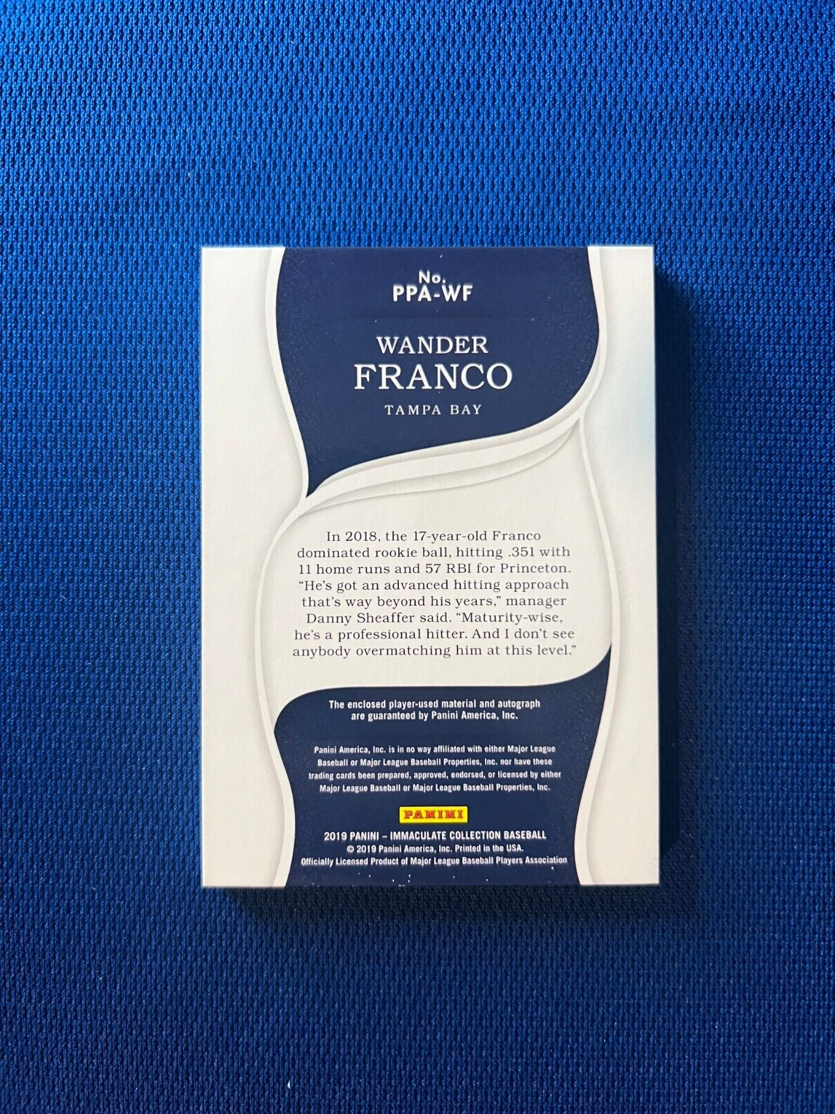 2019 IMMACULATE WANDER FRANCO TAMPA BAY RPA AUTO JERSEY PATCH CARD /49 #PPA-WF