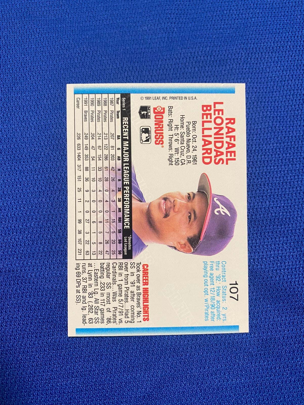 1992 DONRUSS RAFAEL BELLIARD ATLANTA BRAVES SIGNED AUTOGRAPHED CARD W/COA