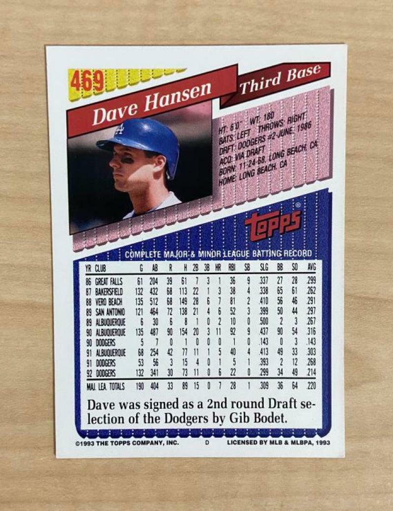 DAVE HANSEN LOS ANGELES DODGERS SIGNED AUTOGRAPHED 1993 TOPPS CARD #469 W/COA 