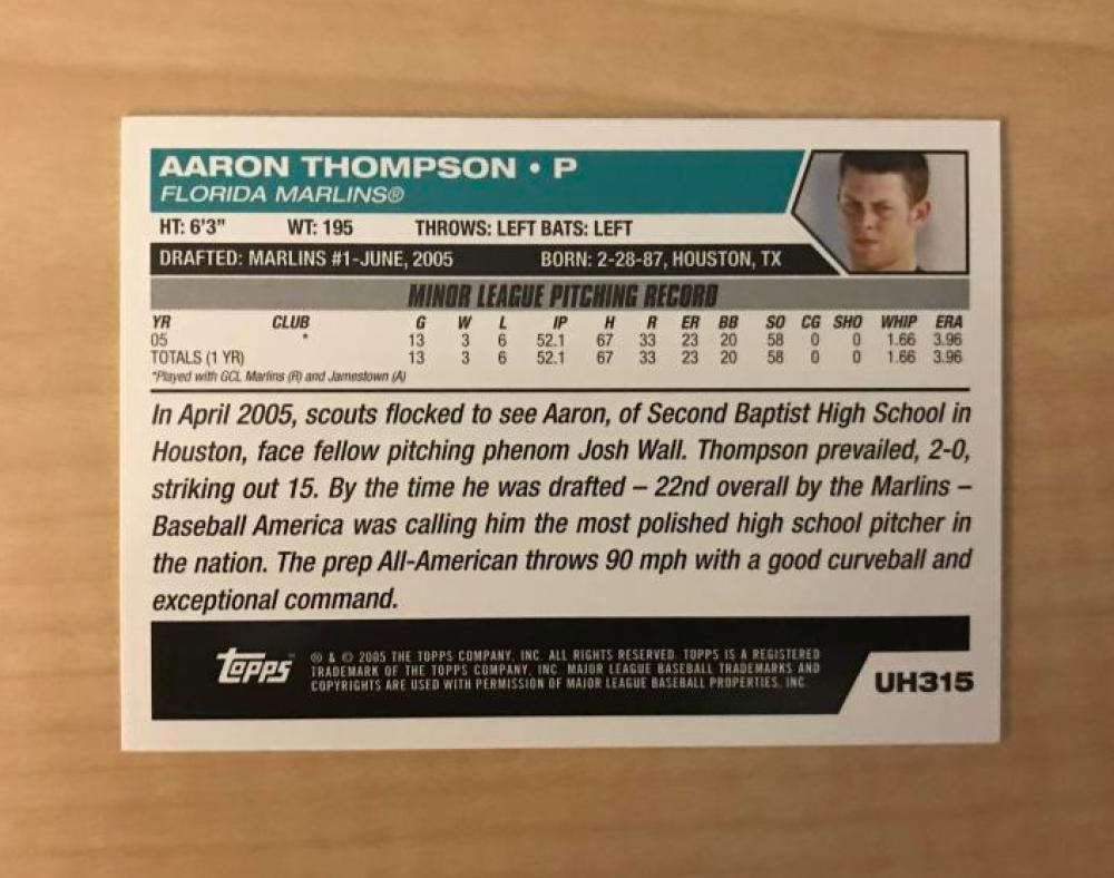 AARON THOMPSON FLORIDA MARLINS SIGNED AUTOGRAPHED 2006 TOPPS CARD #UH315 W/COA