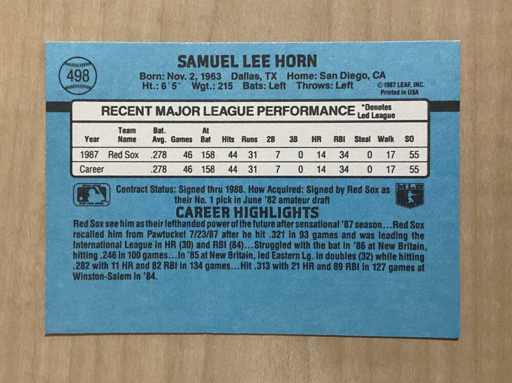 SAM HORN BOSTON RED SOX SIGNED AUTOGRAPHED 1988 DONRUSS CARD #498 W/COA