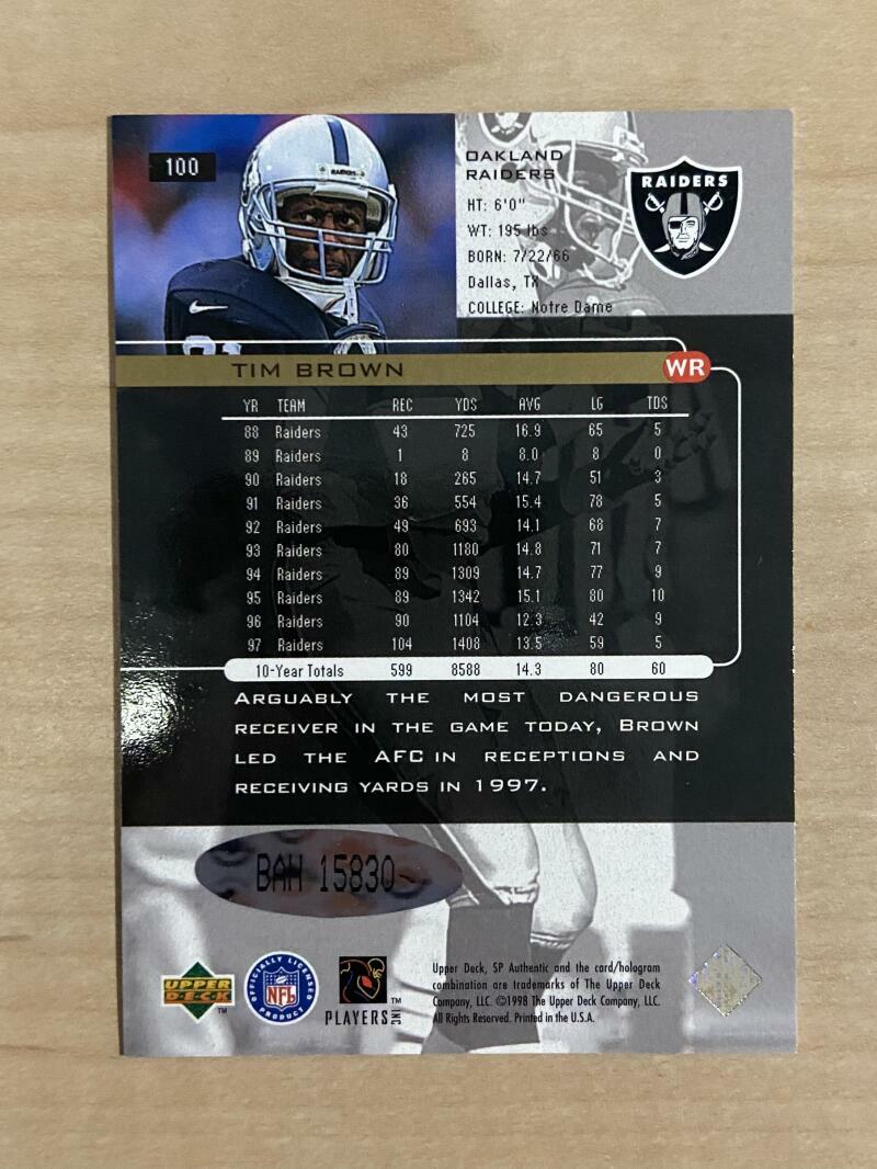 1998 UPPER DECK SP RARE TIM BROWN RAIDERS AUTO 62/121 