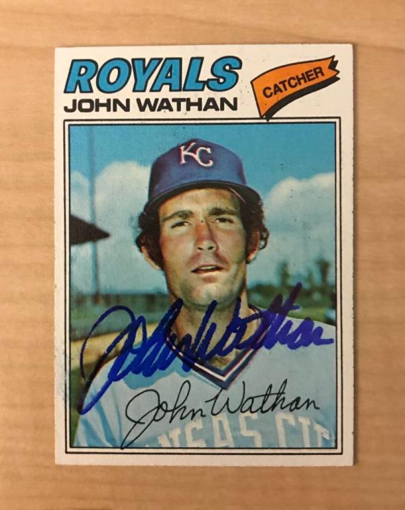 JOHN WATHAN KANSAS CITY ROYALS SIGNED AUTOGRAPHED 1977 TOPPS CARD #218 W/COA