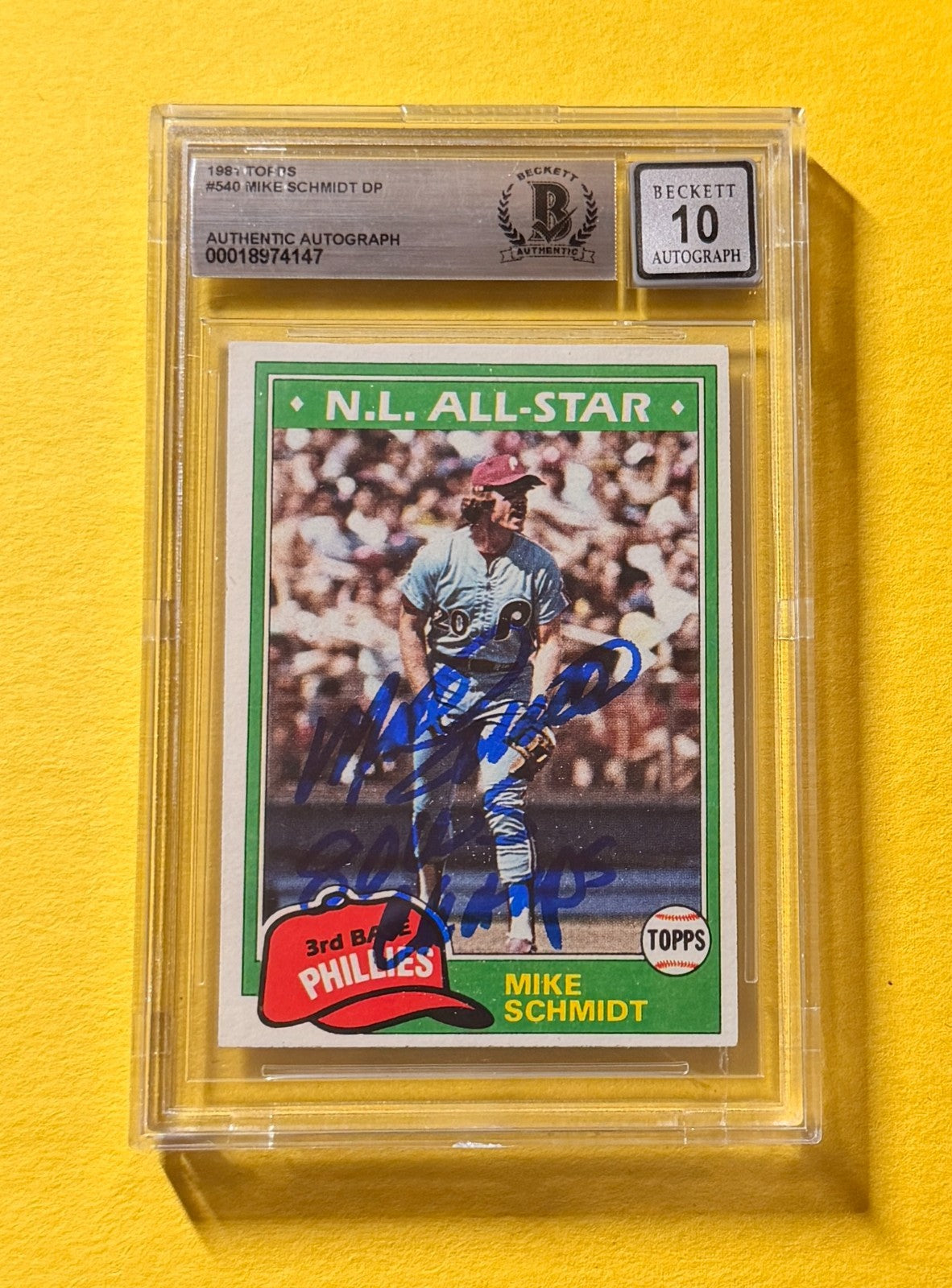 1981 TOPPS MIKE SCHMIDT DP #540 SIGNED AUTO CARD BECKETT 10 AUTH "80 WS CHAMPS"