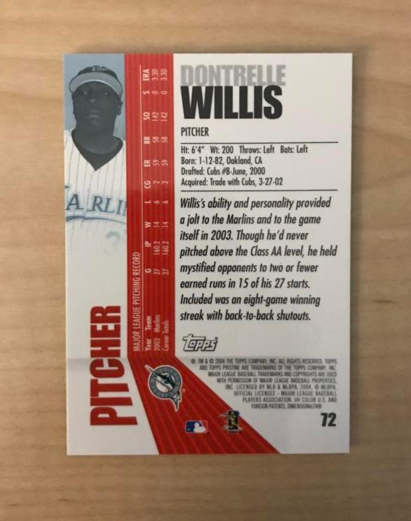 DONTRELLE WILLIS FLORIDA MARLINS SIGNED AUTOGRAPHED 2004 TOPPS CARD #72 W/COA 