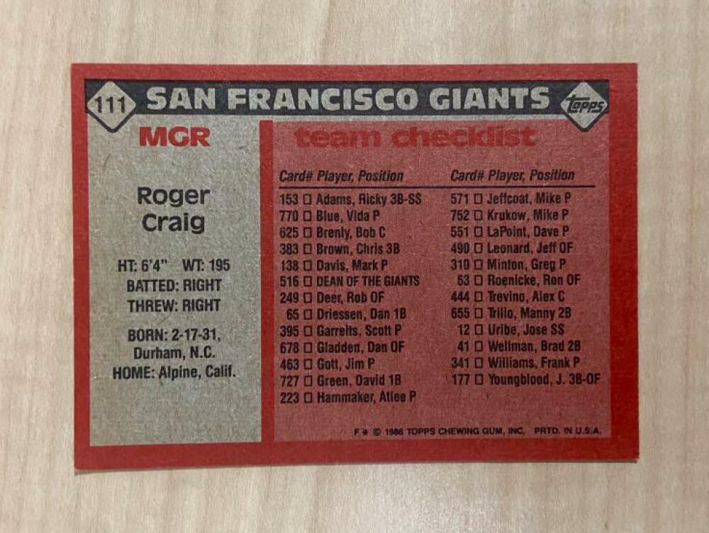 ROGER CRAIG SAN FRANCISCO GIANTS SIGNED AUTOGRAPHED 1986 TOPPS CARD #111 W/COA