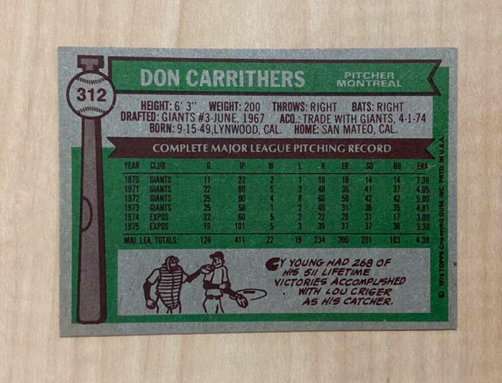 DON CARRITHERS MONTREAL EXPOS SIGNED AUTOGRAPHED 1976 TOPPS CARD #312 W/COA 