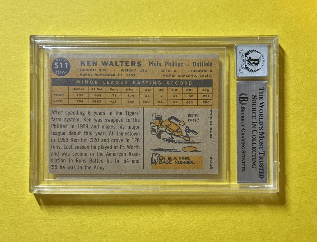 1960 TOPPS KEN WALTERS #511 SIGNED AUTOGRAPHED CARD BECKETT AUTH 10 PHILLIES
