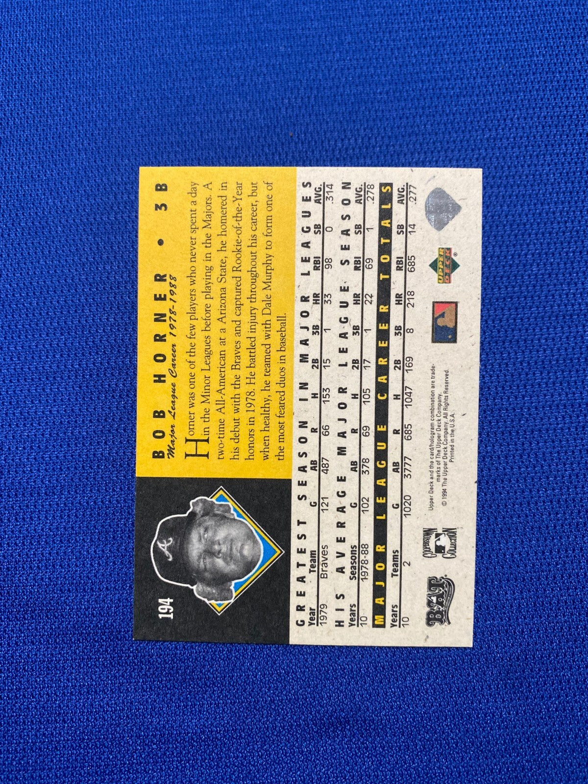 1994 UPPER DECK BOB HORNER ATLANTA BRAVES SIGNED AUTOGRAPHED #194 CARD W/COA