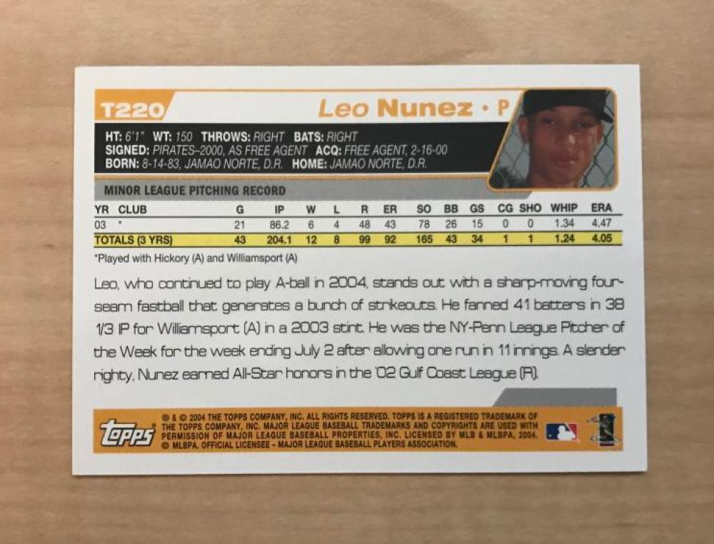 LEO NUNEZ PITTSBURGH PIRATES SIGNED AUTOGRAPHED 2004 TOPPS CARD #T220 W/COA