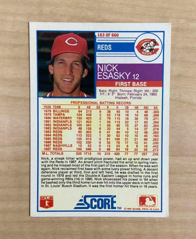 NICK ESASKY CINCINNATI REDS SIGNED AUTOGRAPHED 1988 SCORE CARD #163 W/COA