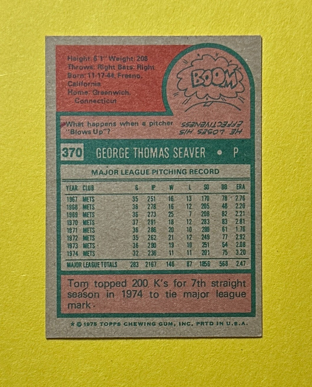 1975 TOPPS TOM SEAVER #370 METS HOF