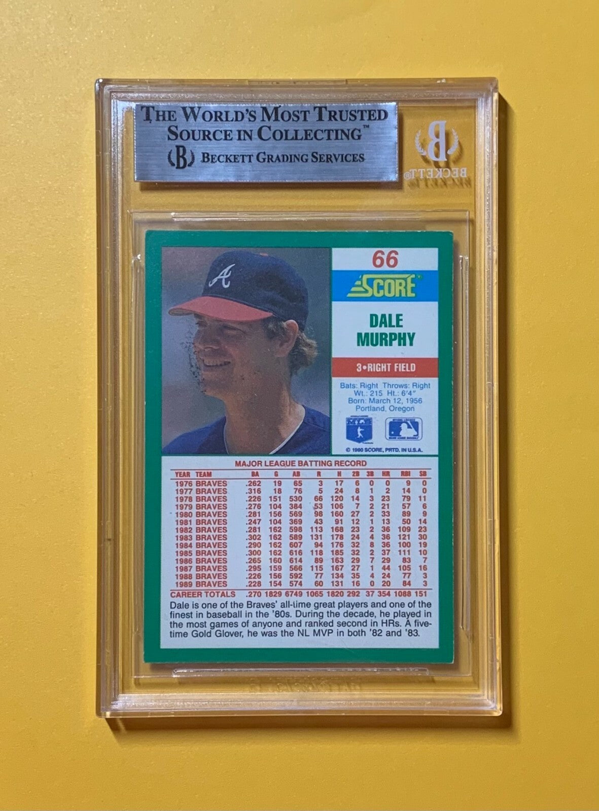 1990 SCORE DALE MURPHY #66 AUTHENTIC AUTO BECKETT CERTIFIED BRAVES