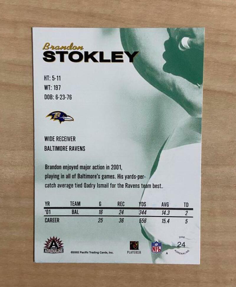 BRANDON STOKLEY BALTIMORE RAVENS SIGNED 2002 ADRENALINE CARD #24 W/COA