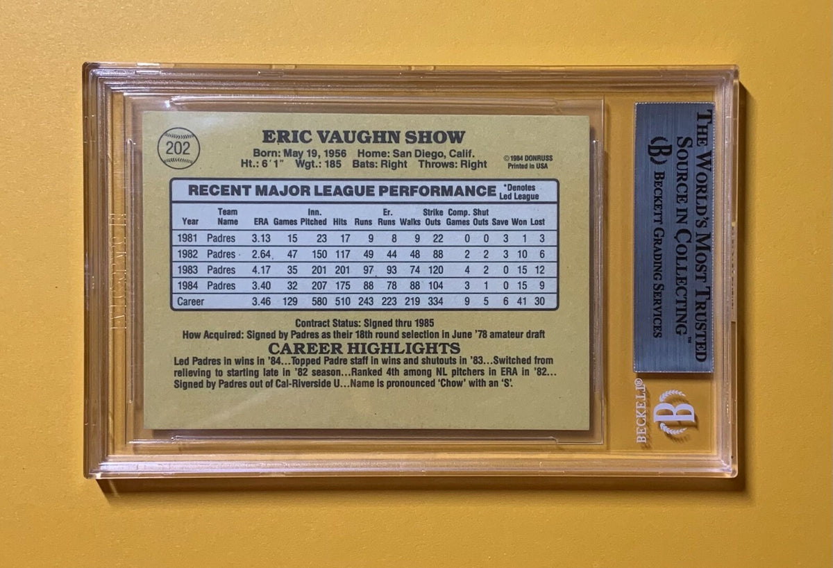 1985 DONRUSS ERIC SHOW #202 AUTHENTIC AUTOGRAPH BECKETT CERTIFIED PADRES