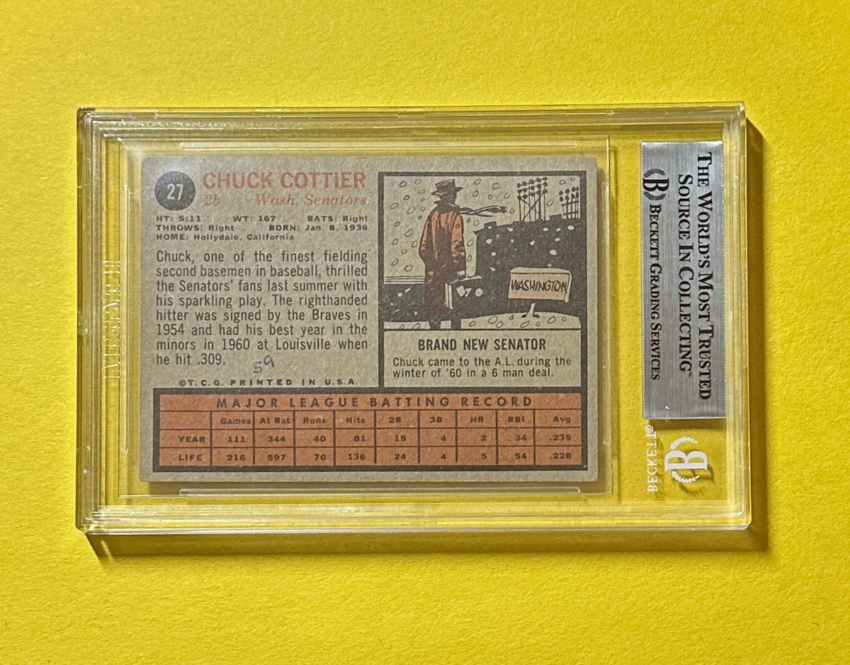 1962 TOPPS CHUCK COTTIER #27 BECKETT AUTHENTIC SIGNED AUTOGRAPH CARD SENATORS