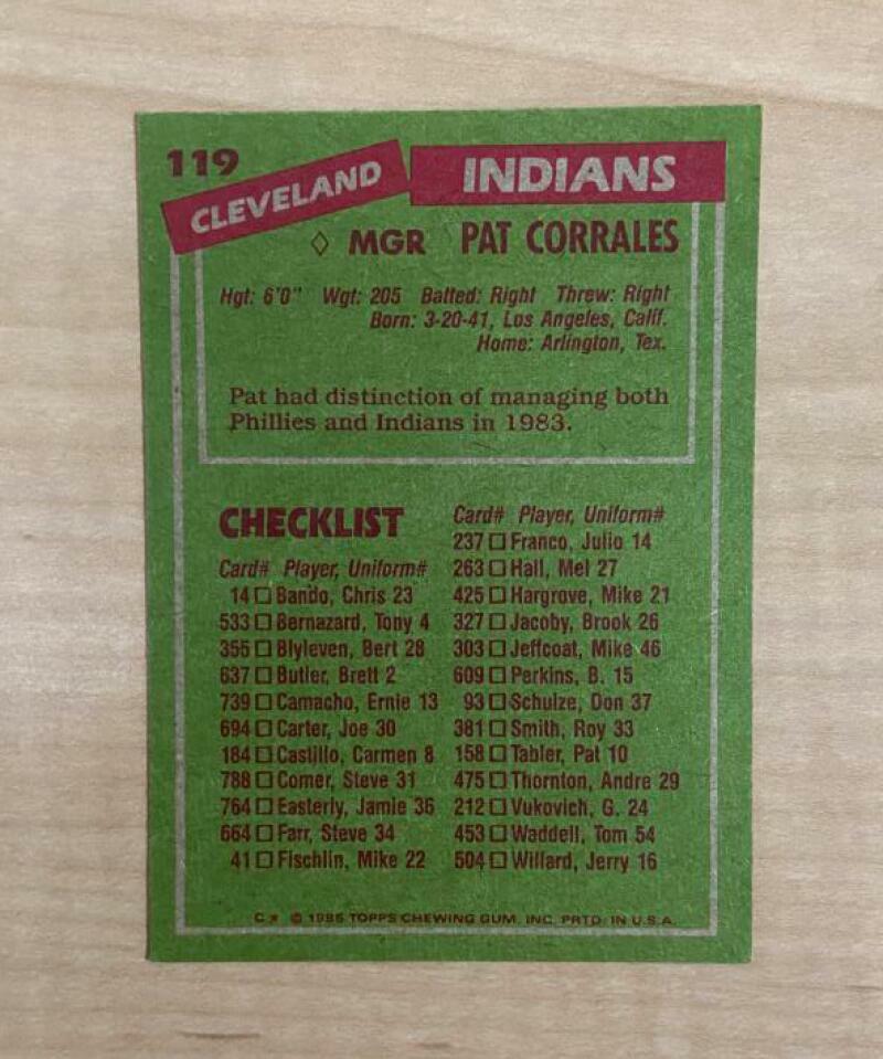 PAT CORRALES CLEVELAND INDIANS SIGNED AUTOGRAPHED 1985 TOPPS CARD #119 W/COA