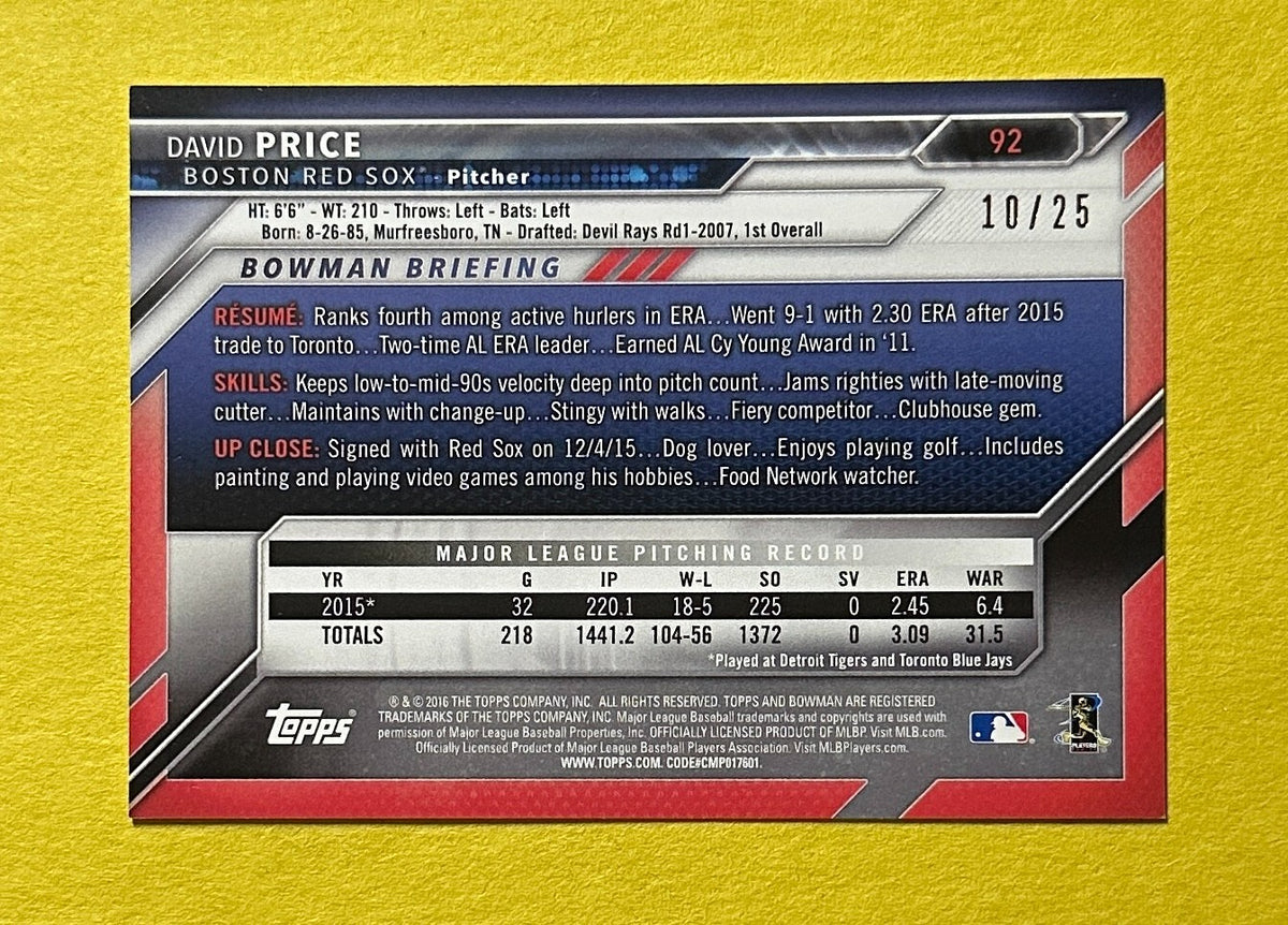 2016 BOWMAN DAVID PRICE ORANGE PAPER /25 #92 RED SOX