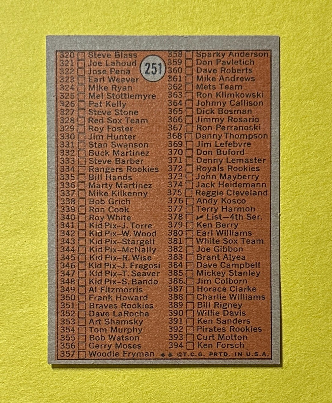 1972 TOPPS CHECKLIST 3RD SERIES #251