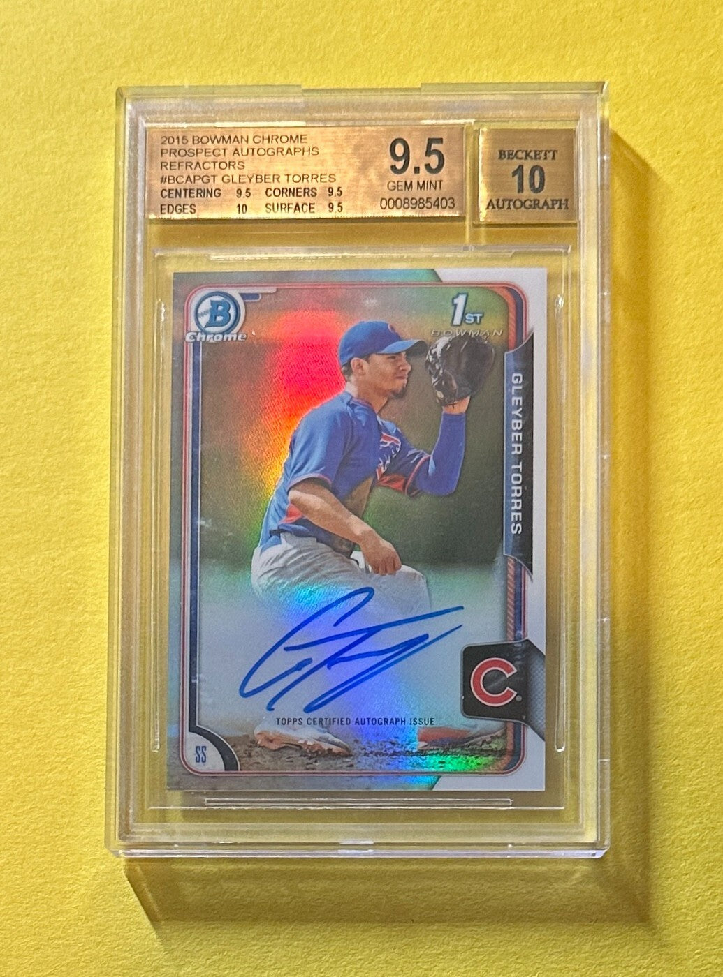 2015 BOWMAN CHROME GLEYBER TORRES REFRACTOR AUTO /499 #BCAPGT BGS GEM MINT 9.5