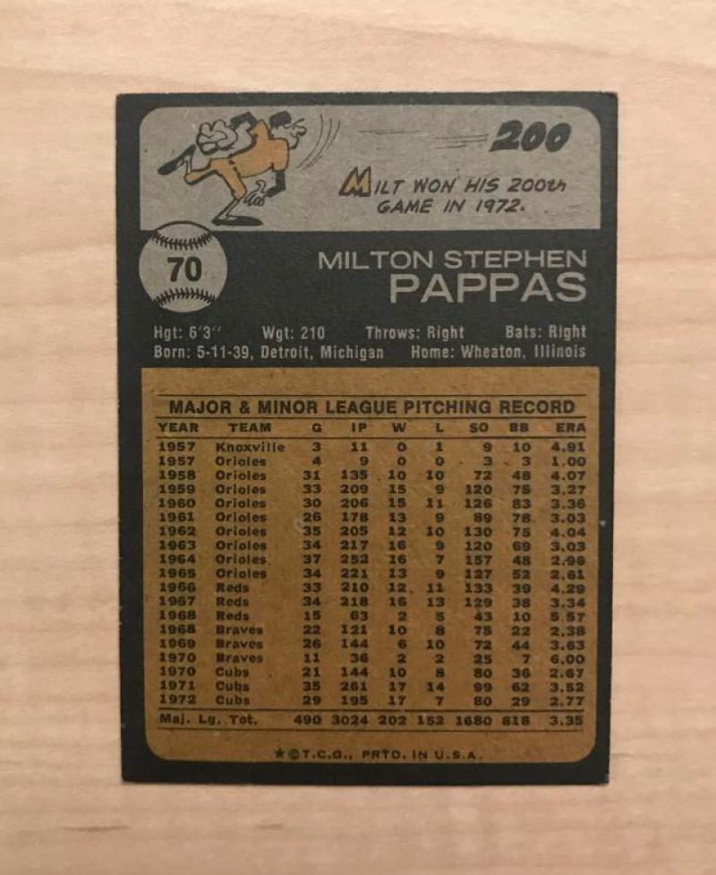 MILT PAPPAS CHICAGO CUBS SIGNED DECEASED 1973 TOPPS CARD #70 W/COA