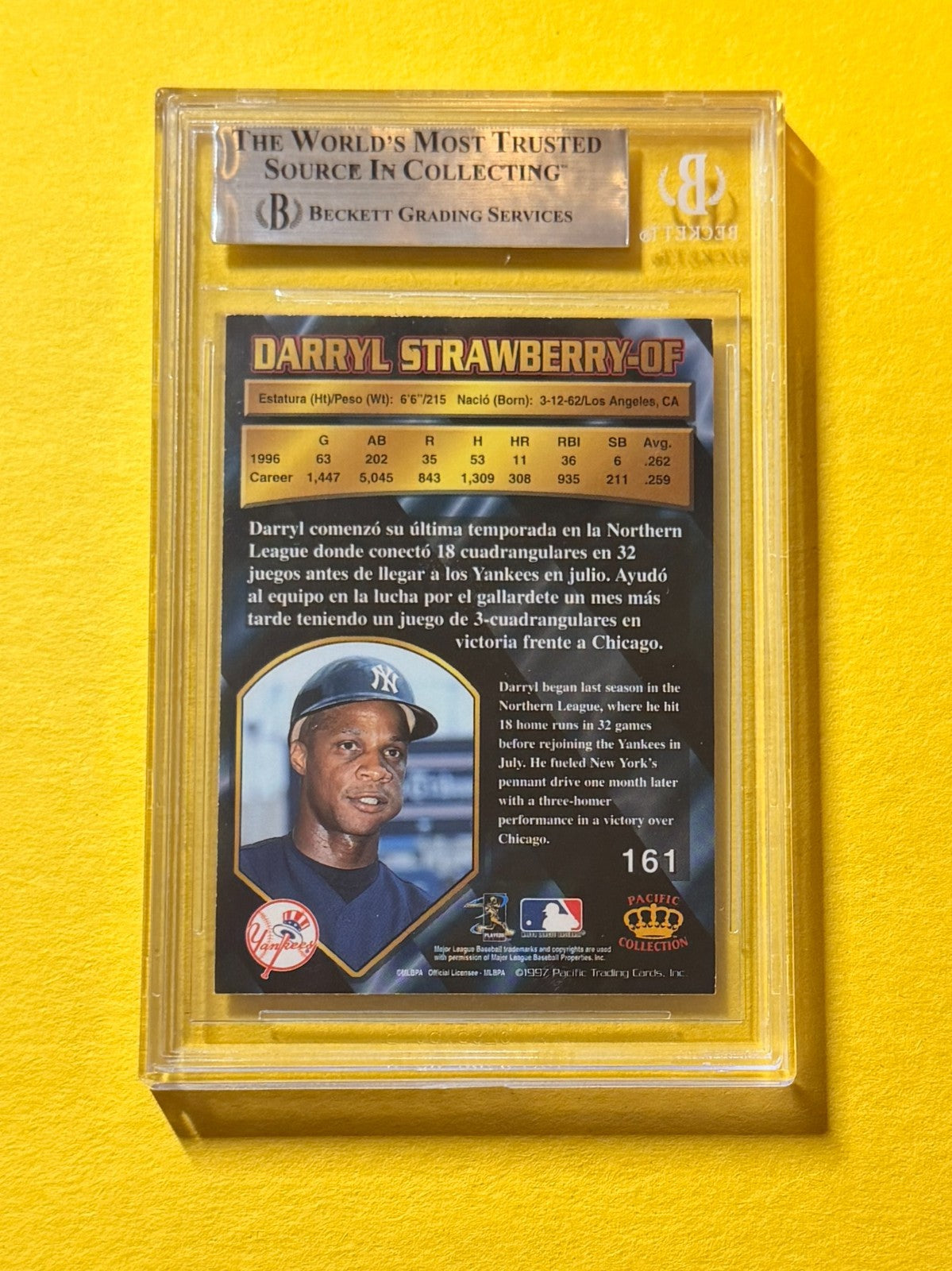 1997 PACIFIC DARRYL STRAWBERRY #161 SIGNED AUTO CARD BECKETT AUTHENTIC YANKEES