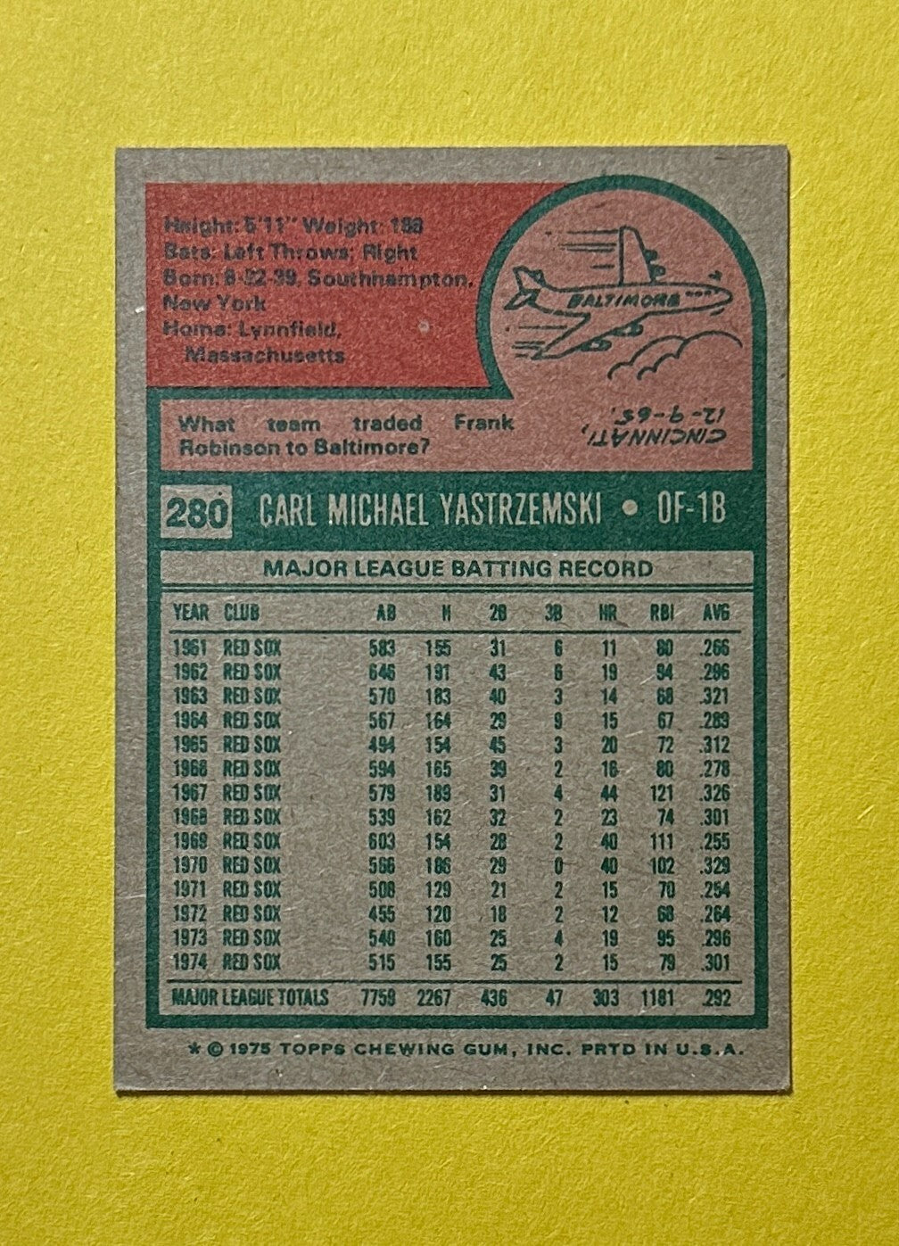 1975 TOPPS CARL YASTRZEMSKI #280 RED SOX HOF