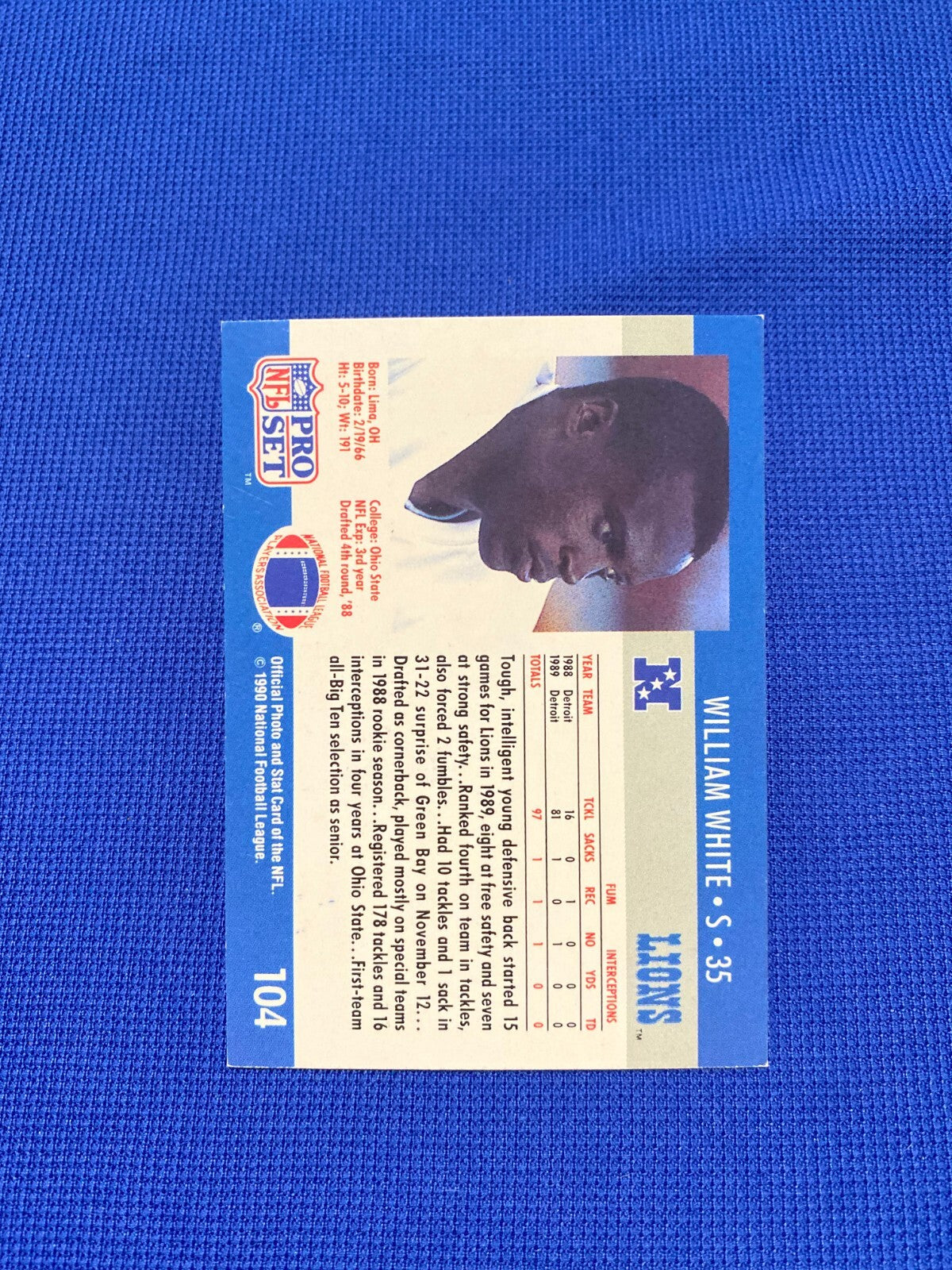 1990 PRO SET WILLIAM WHITE DETROIT LIONS SIGNED AUTOGRAPHED AUTO CARD #104 W/COA